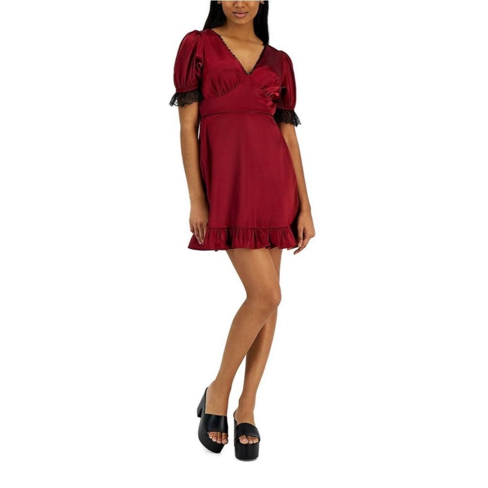 Kit & Sky Womens Red Satin V-Neck Cocktail and Party Dress Juniors Ruby Red M